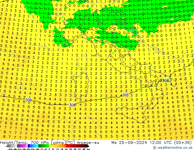 Hoogte/Temp. 700 hPa Arpege-eu wo 25.09.2024 12 UTC