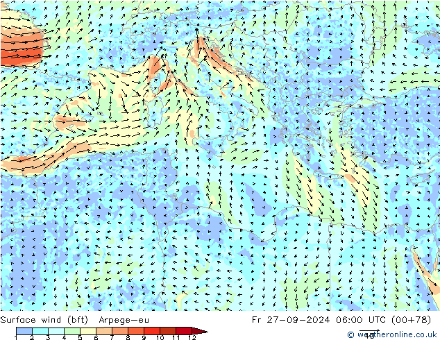 Surface wind (bft) Arpege-eu Fr 27.09.2024 06 UTC