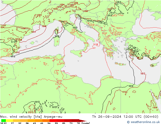 Max. wind velocity Arpege-eu чт 26.09.2024 12 UTC