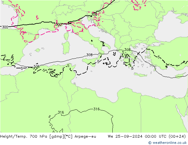 Height/Temp. 700 hPa Arpege-eu  25.09.2024 00 UTC