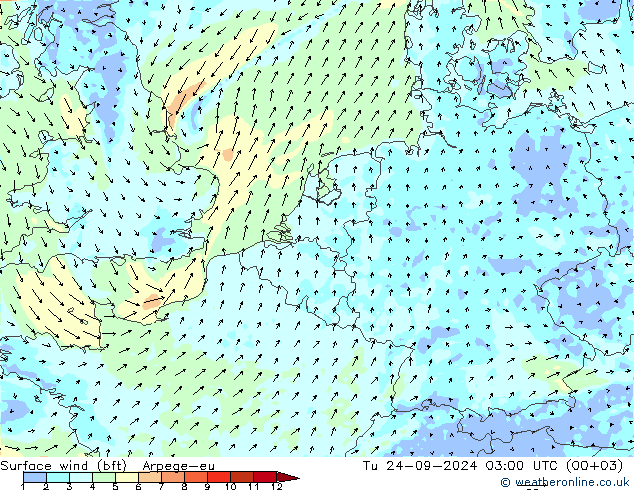 Surface wind (bft) Arpege-eu Tu 24.09.2024 03 UTC