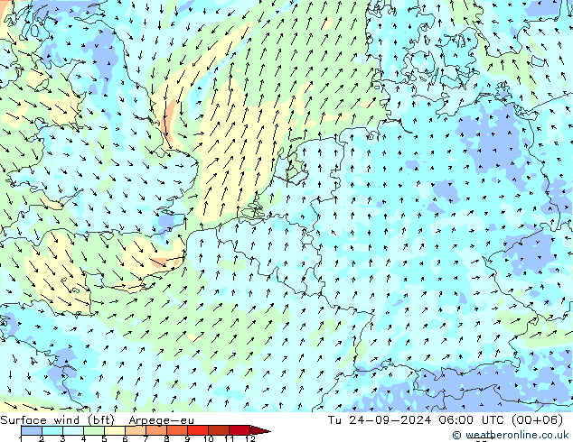 Surface wind (bft) Arpege-eu Tu 24.09.2024 06 UTC