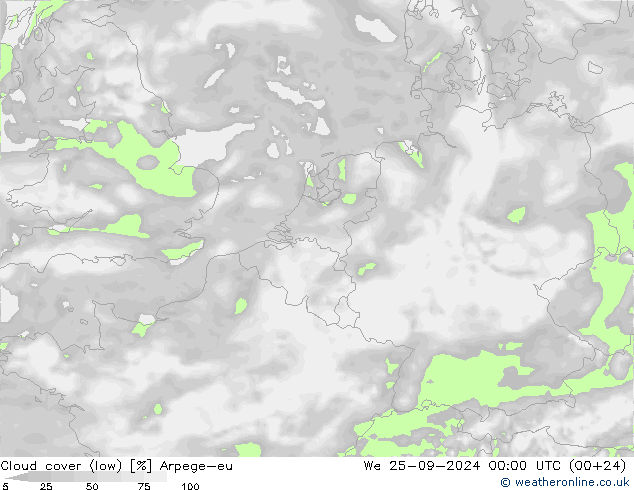 Cloud cover (low) Arpege-eu We 25.09.2024 00 UTC