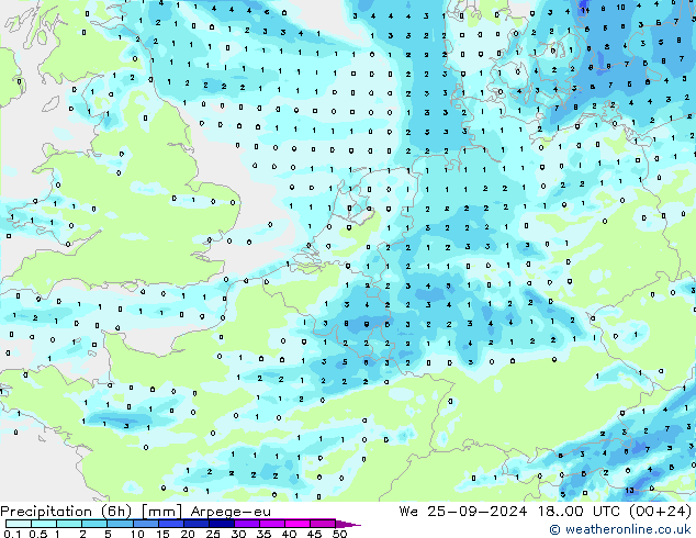 Precipitazione (6h) Arpege-eu mer 25.09.2024 00 UTC