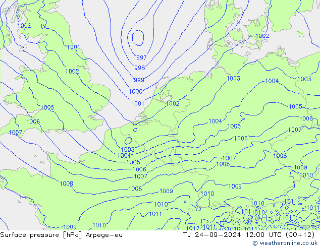 Atmosférický tlak Arpege-eu Út 24.09.2024 12 UTC