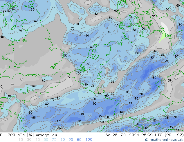 RH 700 hPa Arpege-eu sab 28.09.2024 06 UTC