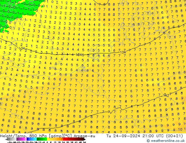 Yükseklik/Sıc. 850 hPa Arpege-eu Sa 24.09.2024 21 UTC