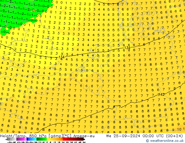 Height/Temp. 850 hPa Arpege-eu mer 25.09.2024 00 UTC