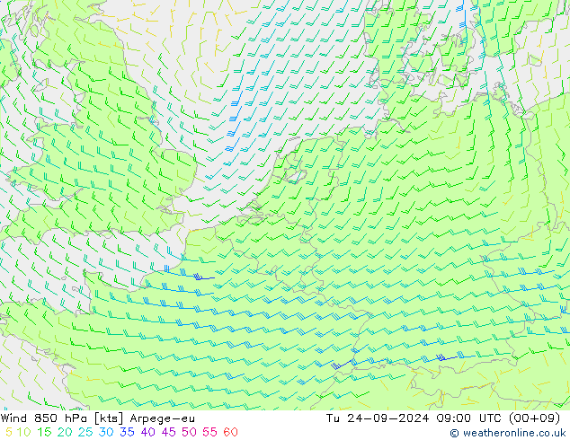 Wind 850 hPa Arpege-eu Tu 24.09.2024 09 UTC