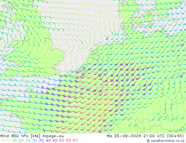 Vent 850 hPa Arpege-eu mer 25.09.2024 21 UTC