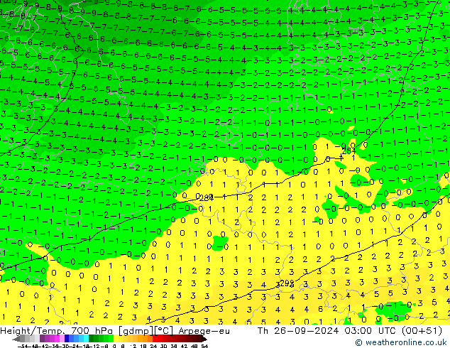 Height/Temp. 700 гПа Arpege-eu чт 26.09.2024 03 UTC