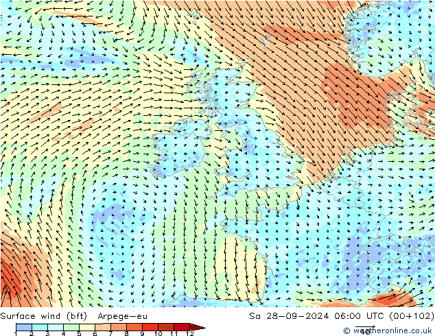 Surface wind (bft) Arpege-eu Sa 28.09.2024 06 UTC