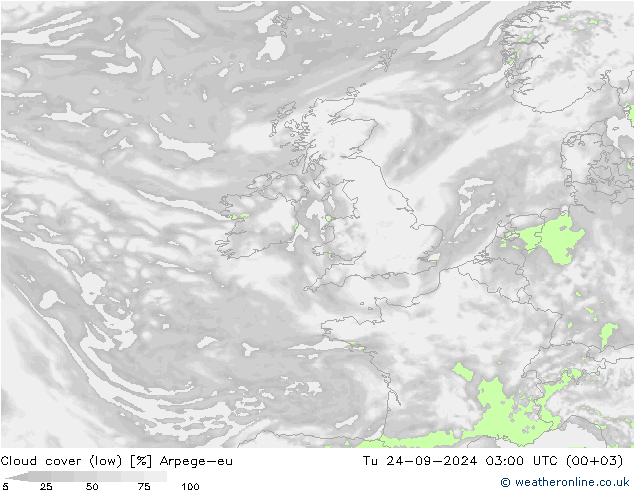 Cloud cover (low) Arpege-eu Tu 24.09.2024 03 UTC