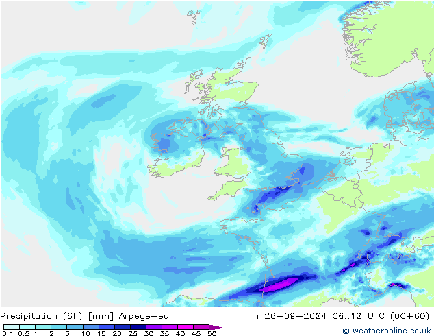 Precipitação (6h) Arpege-eu Qui 26.09.2024 12 UTC