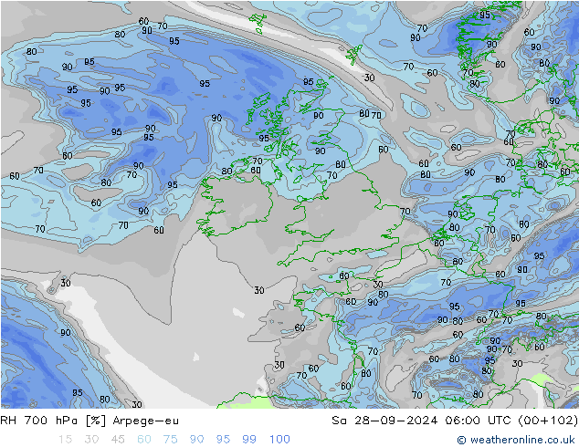 RH 700 hPa Arpege-eu Sáb 28.09.2024 06 UTC