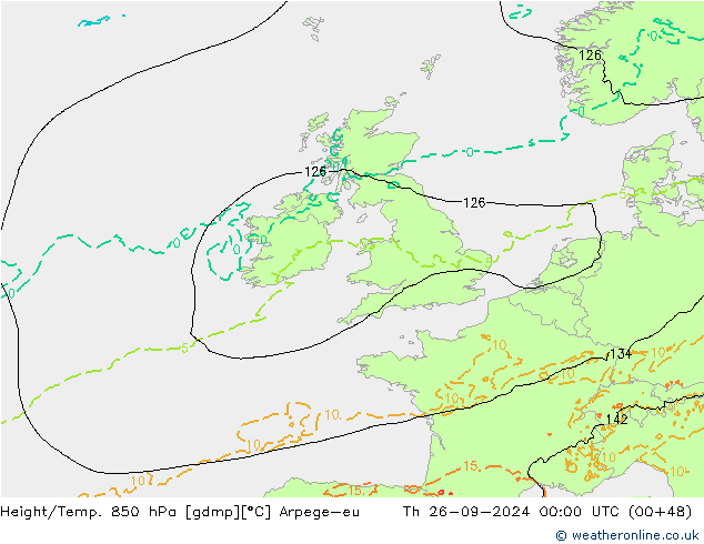 Geop./Temp. 850 hPa Arpege-eu jue 26.09.2024 00 UTC