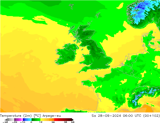 Temperature (2m) Arpege-eu Sa 28.09.2024 06 UTC