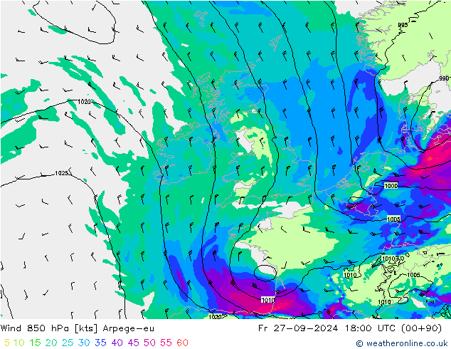 Wind 850 hPa Arpege-eu Fr 27.09.2024 18 UTC