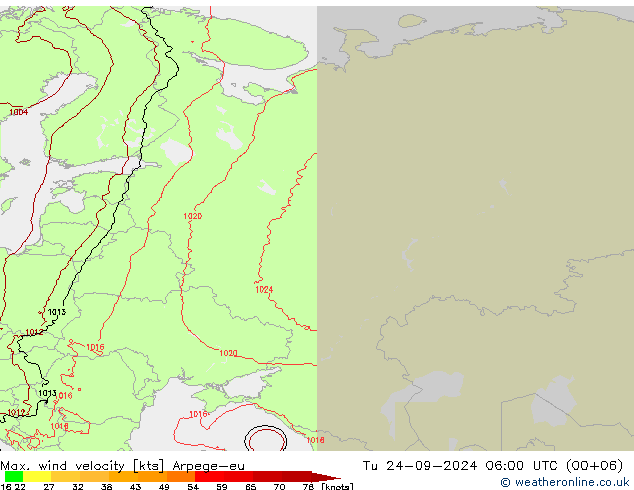 Max. wind velocity Arpege-eu mar 24.09.2024 06 UTC