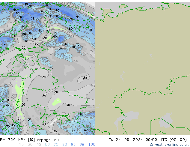 RH 700 гПа Arpege-eu вт 24.09.2024 09 UTC