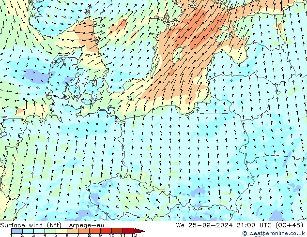 Surface wind (bft) Arpege-eu We 25.09.2024 21 UTC