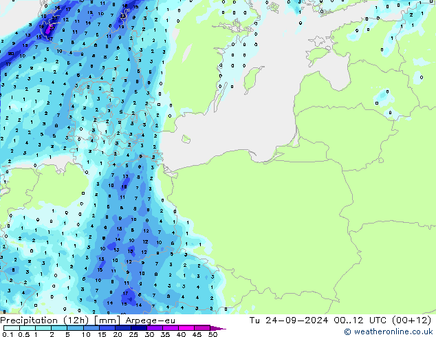 Precipitazione (12h) Arpege-eu mar 24.09.2024 12 UTC