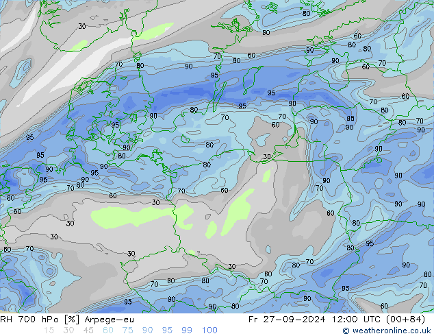 RH 700 hPa Arpege-eu Fr 27.09.2024 12 UTC