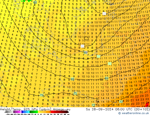 Height/Temp. 925 hPa Arpege-eu Sáb 28.09.2024 06 UTC