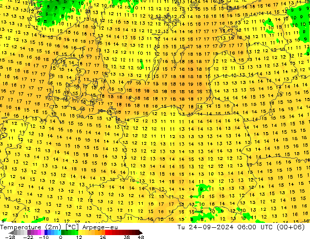 Temperature (2m) Arpege-eu Tu 24.09.2024 06 UTC