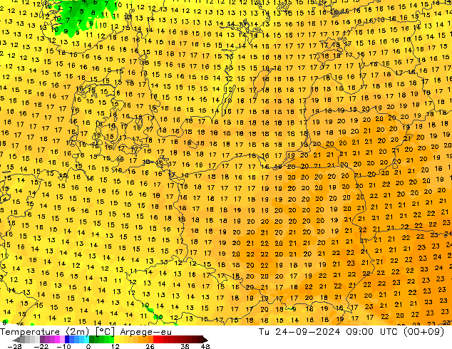 Temperature (2m) Arpege-eu Tu 24.09.2024 09 UTC