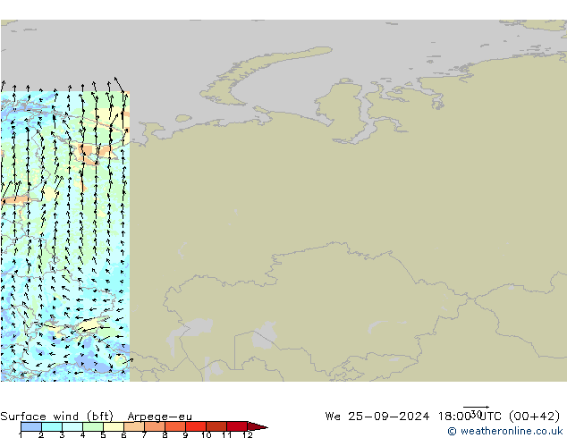 Surface wind (bft) Arpege-eu We 25.09.2024 18 UTC