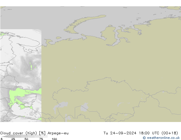 Cloud cover (high) Arpege-eu Tu 24.09.2024 18 UTC