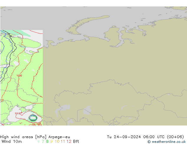 High wind areas Arpege-eu вт 24.09.2024 06 UTC