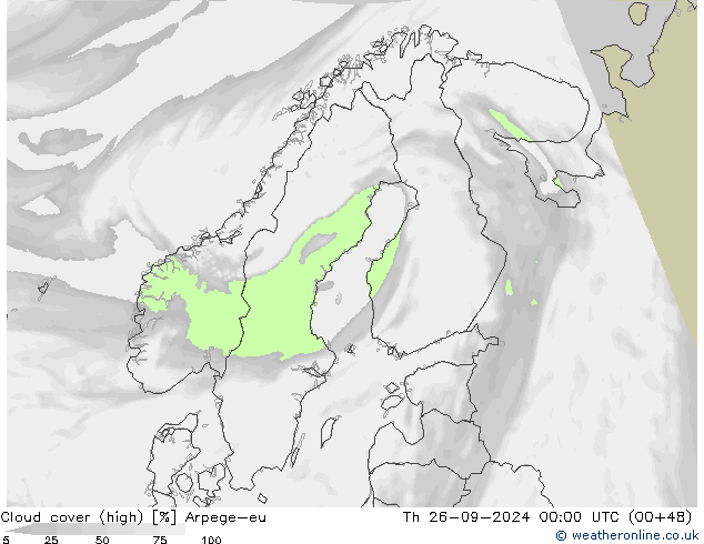 Cloud cover (high) Arpege-eu Th 26.09.2024 00 UTC