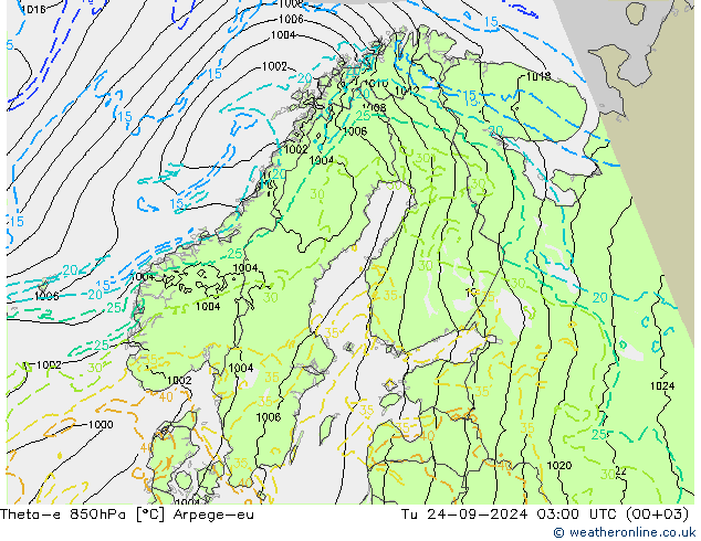 Theta-e 850hPa Arpege-eu Út 24.09.2024 03 UTC