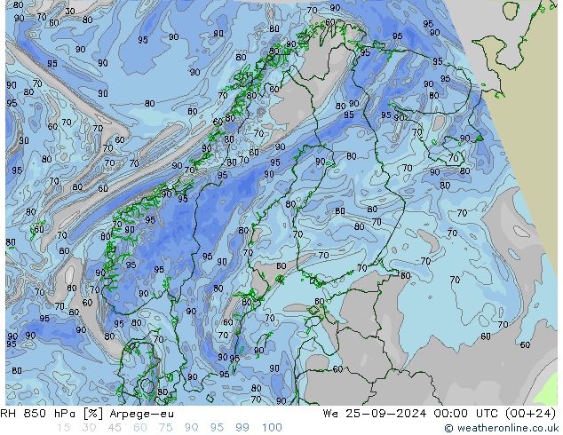 RH 850 hPa Arpege-eu Mi 25.09.2024 00 UTC