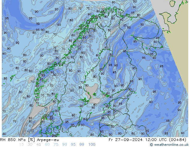 RH 850 hPa Arpege-eu Sex 27.09.2024 12 UTC