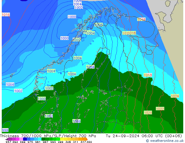 Thck 700-1000 hPa Arpege-eu 星期二 24.09.2024 06 UTC