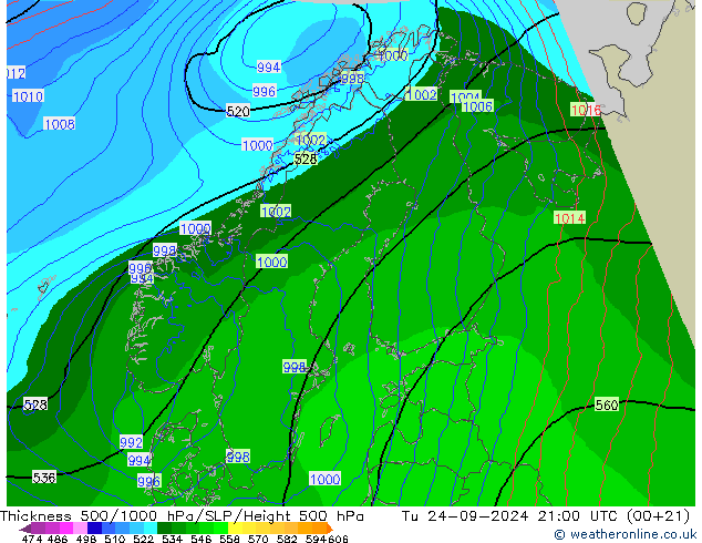 Schichtdicke 500-1000 hPa Arpege-eu Di 24.09.2024 21 UTC