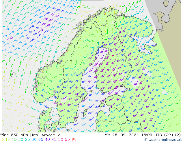 Viento 850 hPa Arpege-eu mié 25.09.2024 18 UTC