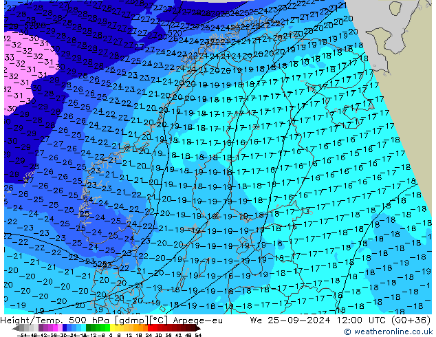 Height/Temp. 500 hPa Arpege-eu śro. 25.09.2024 12 UTC