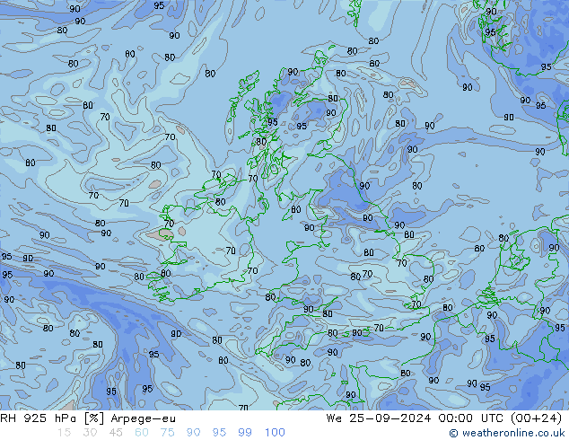 RH 925 hPa Arpege-eu śro. 25.09.2024 00 UTC