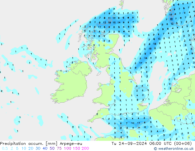 Precipitation accum. Arpege-eu wto. 24.09.2024 06 UTC