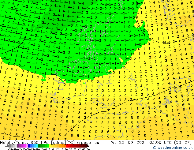 Height/Temp. 850 hPa Arpege-eu Qua 25.09.2024 03 UTC