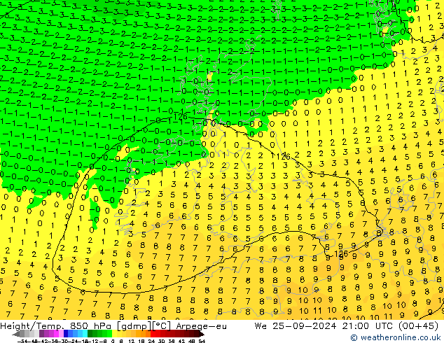 Height/Temp. 850 hPa Arpege-eu śro. 25.09.2024 21 UTC