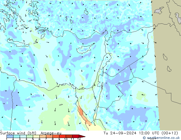 Rüzgar 10 m (bft) Arpege-eu Sa 24.09.2024 12 UTC