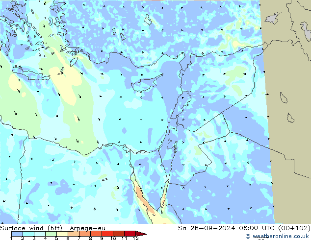 Viento 10 m (bft) Arpege-eu sáb 28.09.2024 06 UTC