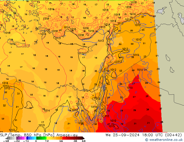 SLP/Temp. 850 hPa Arpege-eu mer 25.09.2024 18 UTC