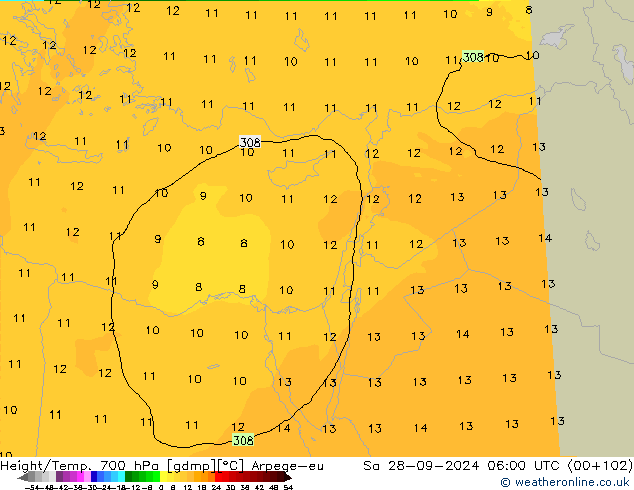 Height/Temp. 700 hPa Arpege-eu Sáb 28.09.2024 06 UTC