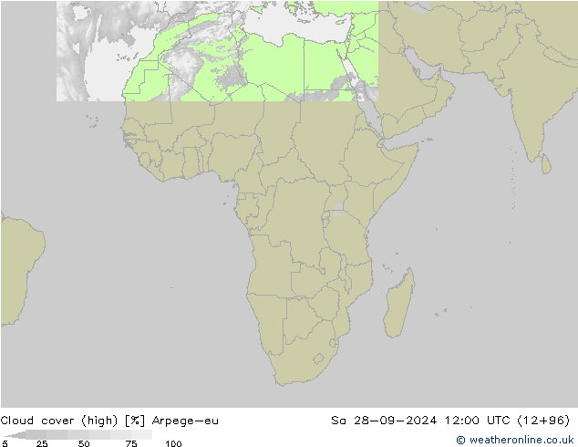 Cloud cover (high) Arpege-eu Sa 28.09.2024 12 UTC